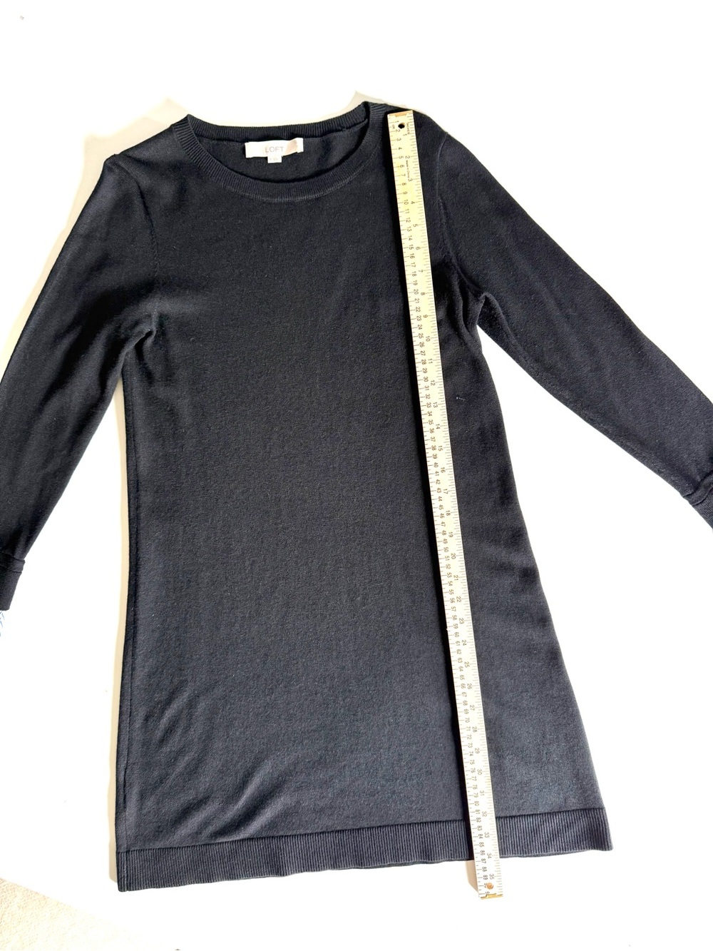 LOFT Black Mini Sweater Shift Dress Stripe-Cuff Bow Detail Sz S Academia Preppy - Picture 12 of 12
